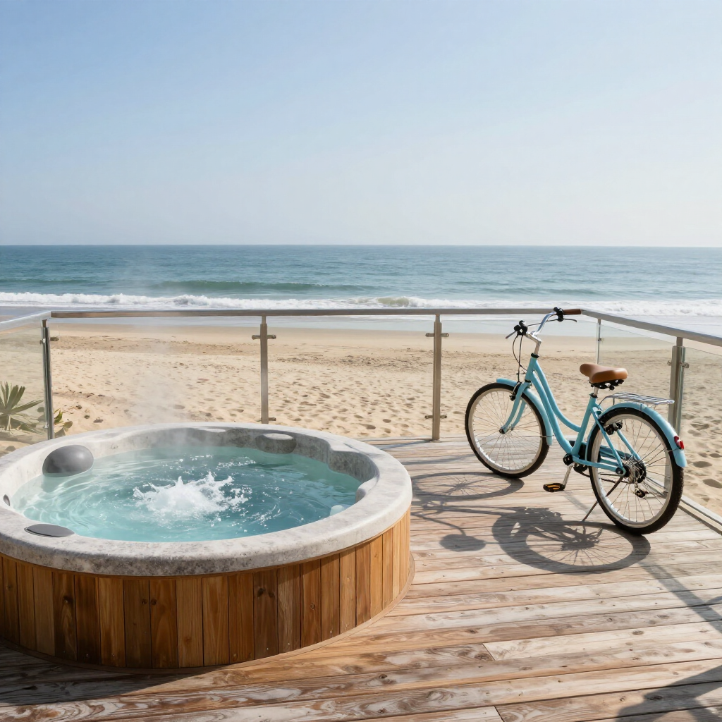 A light blue bicycle stands on a wooden deck next to a steaming circular hot tub, overlooking a sunny beach and the ocean.
