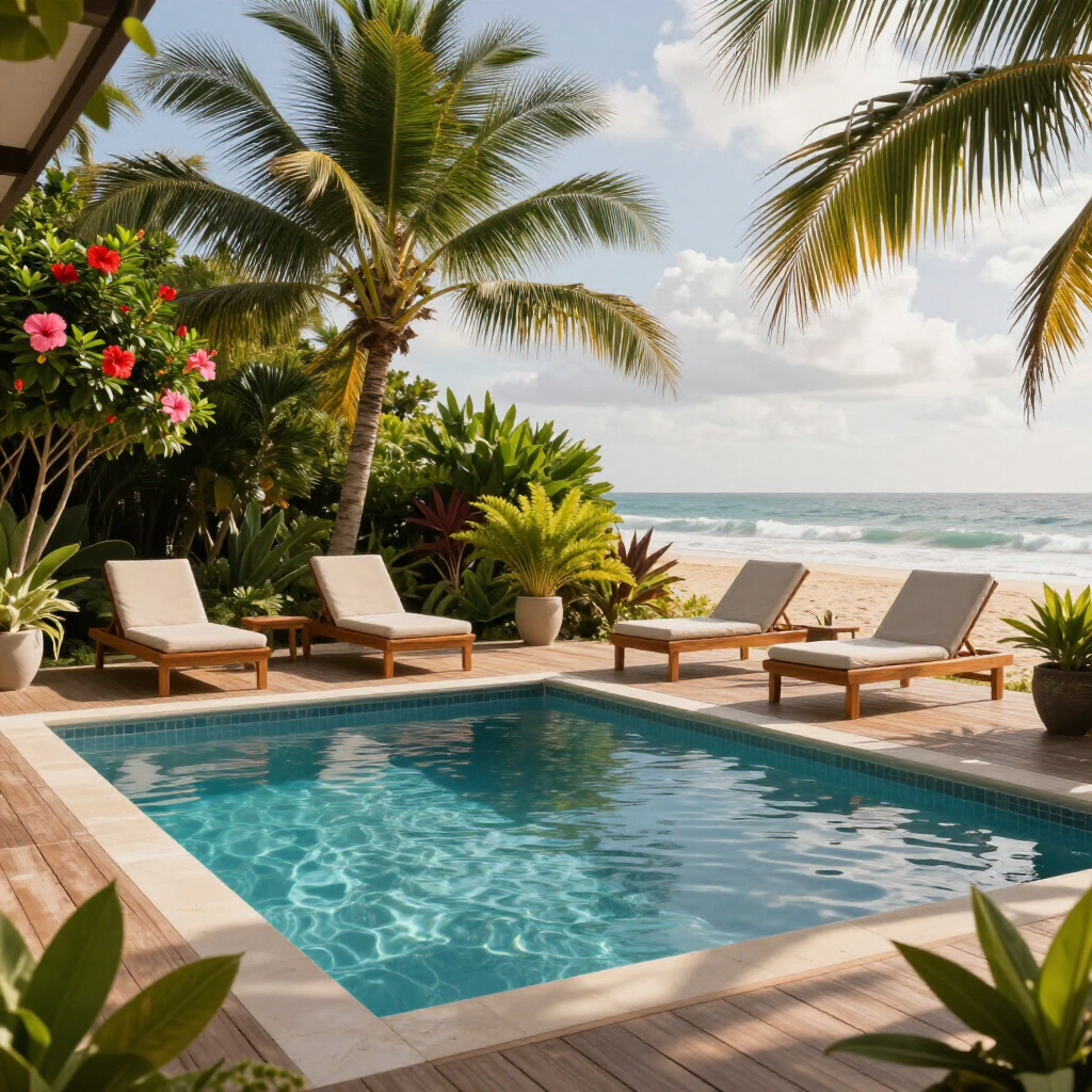 A swimming pool with four lounge chairs on a wooden deck, surrounded by tropical plants and palms overlooking a beach.