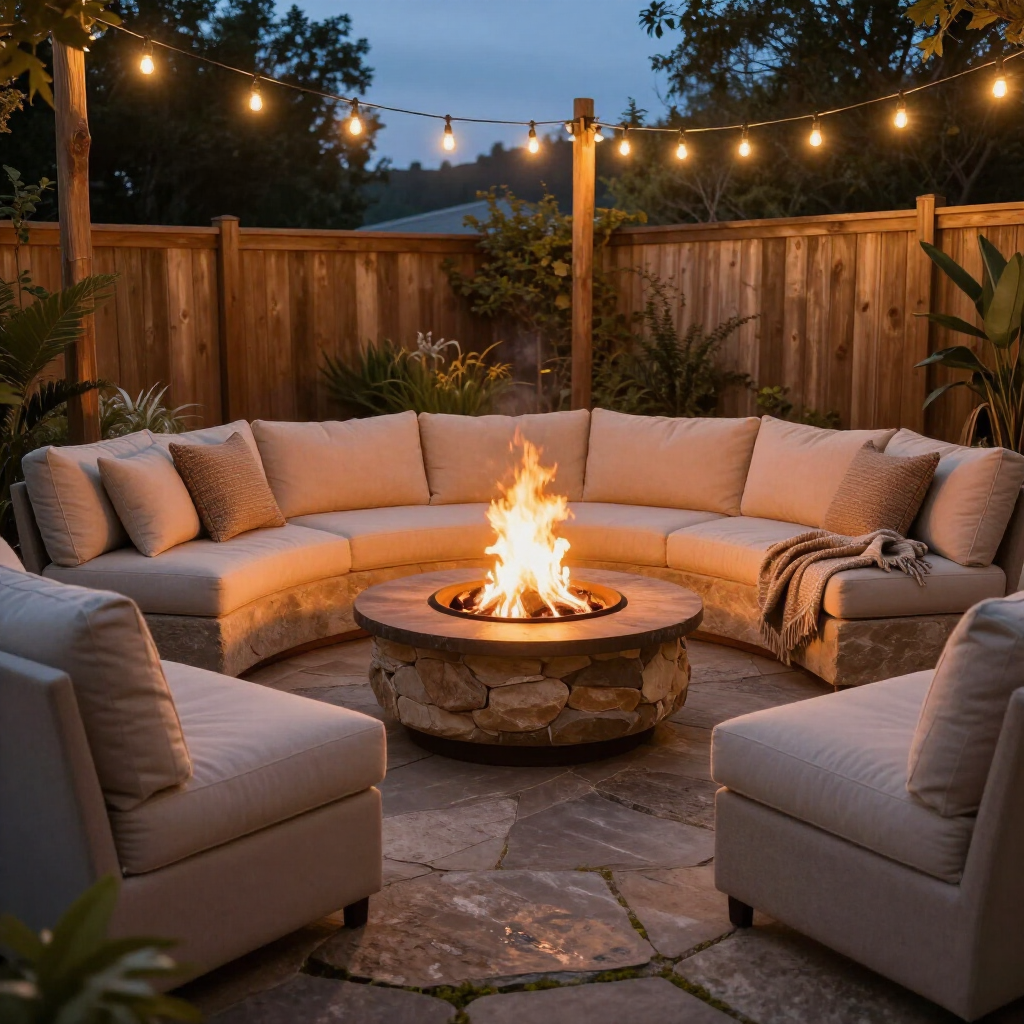 A circular outdoor seating area with a central stone fire pit, surrounded by beige sofas, set on a stone patio at night.