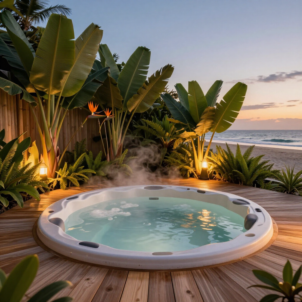 A round hot tub steaming on a wooden deck surrounded by tropical plants, overlooking the ocean at sunset.