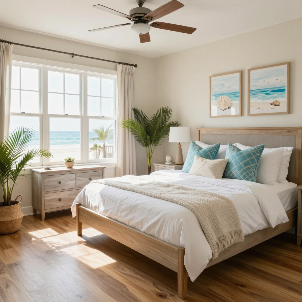 Bright, coastal-style bedroom with a wooden bed, light wood furniture, white bedding, teal pillows, and an ocean view.