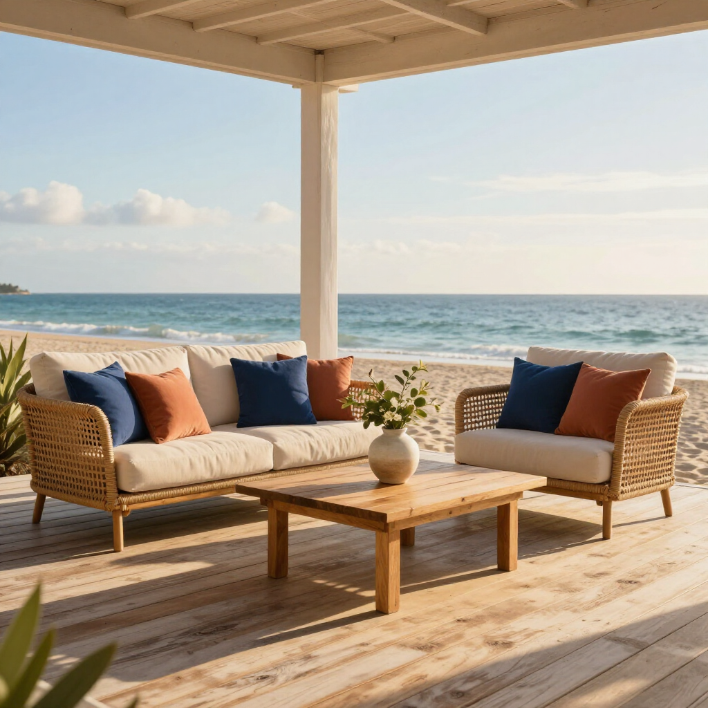 Outdoor patio furniture with beige cushions, blue and orange pillows, and a wooden table overlooking a sunny beach.