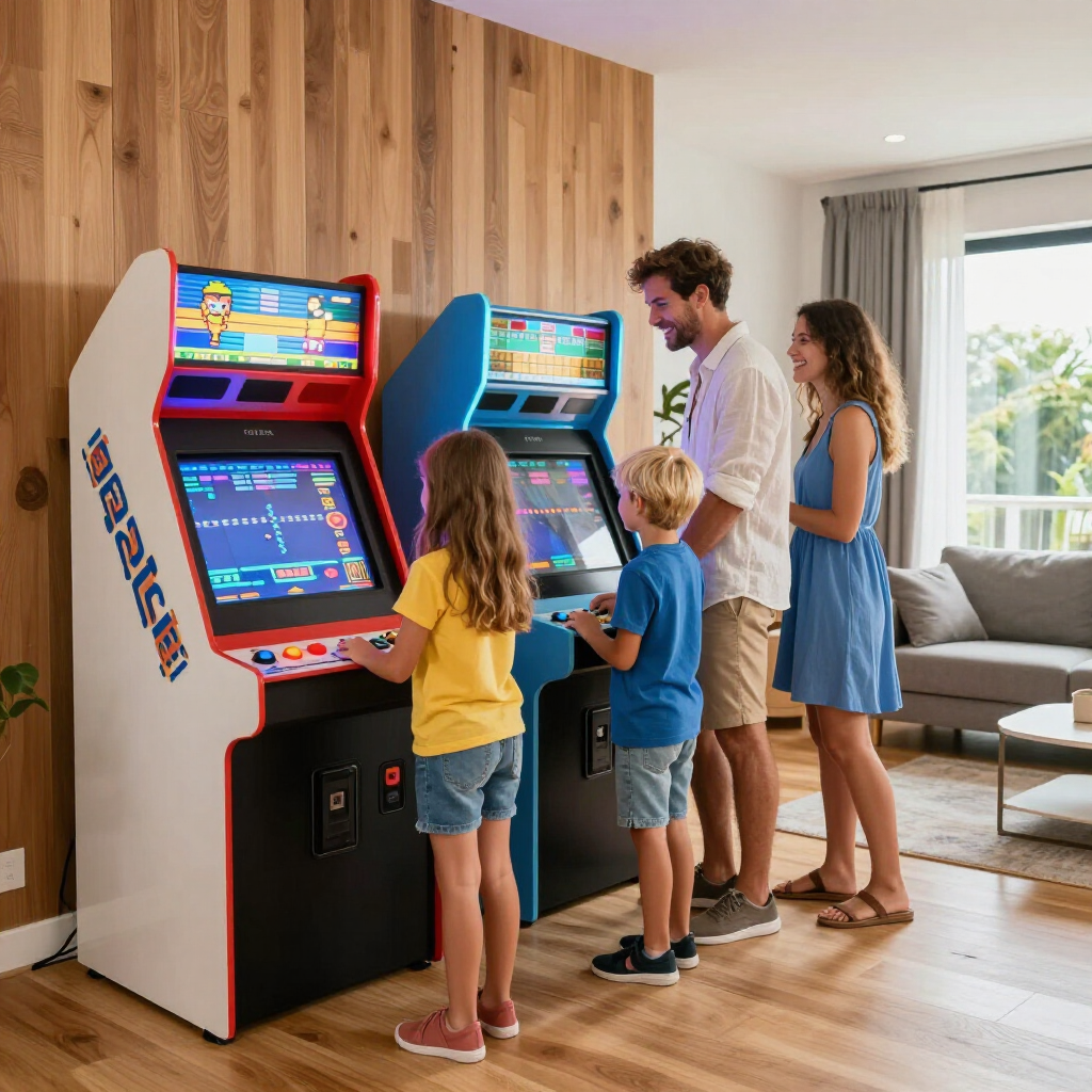 A family plays two retro-style arcade cabinets in a bright living room with wooden walls and a sofa.