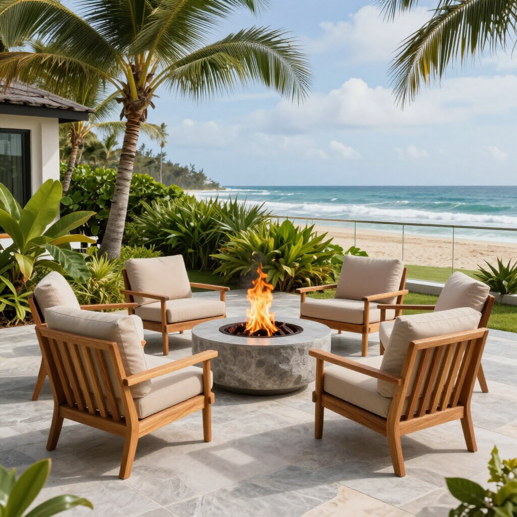 Four wooden armchairs with cream cushions surround a circular fire pit on a stone patio overlooking the beach and ocean.