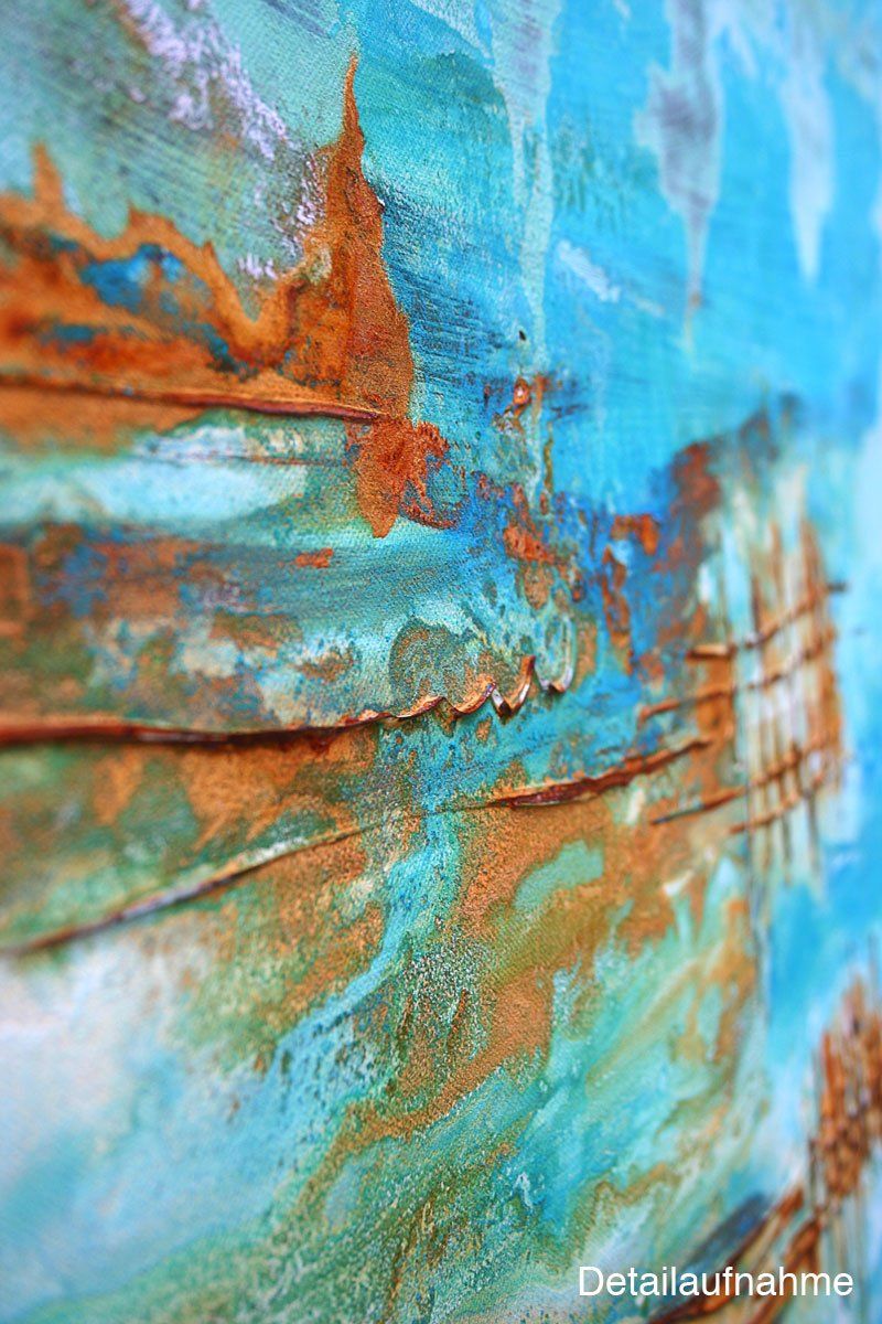 Gemälde „Flussufer“ Maße: 120 x 100 cm, 4 cm Tiefe  Material: Echtrost, grüne sowie blaue Patina auf Eisen- und Kupfer Grundierung, Spachtelmasse, Firnis  Malgrund: Leinwand auf Keilrahmen