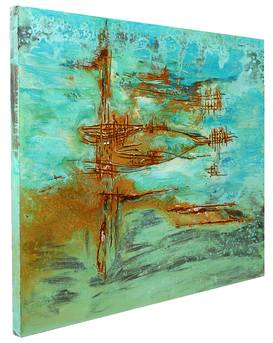 Gemälde „Flussufer“ Maße: 120 x 100 cm, 4 cm Tiefe  Material: Echtrost, grüne sowie blaue Patina auf Eisen- und Kupfer Grundierung, Spachtelmasse, Firnis  Malgrund: Leinwand auf Keilrahmen