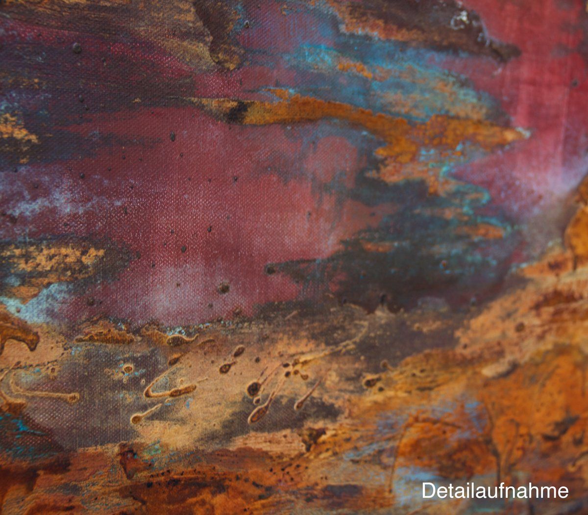 Landschaft in Rost und Rot. Gemälde „Neva“ Maße: 80 x 100 cm, Tiefe 4,5 cm  Material: Acryl, Rost, blaue Patina auf Eisen-Grundierung, Firnis  Malgrund: Leinwand auf Keilrahmen