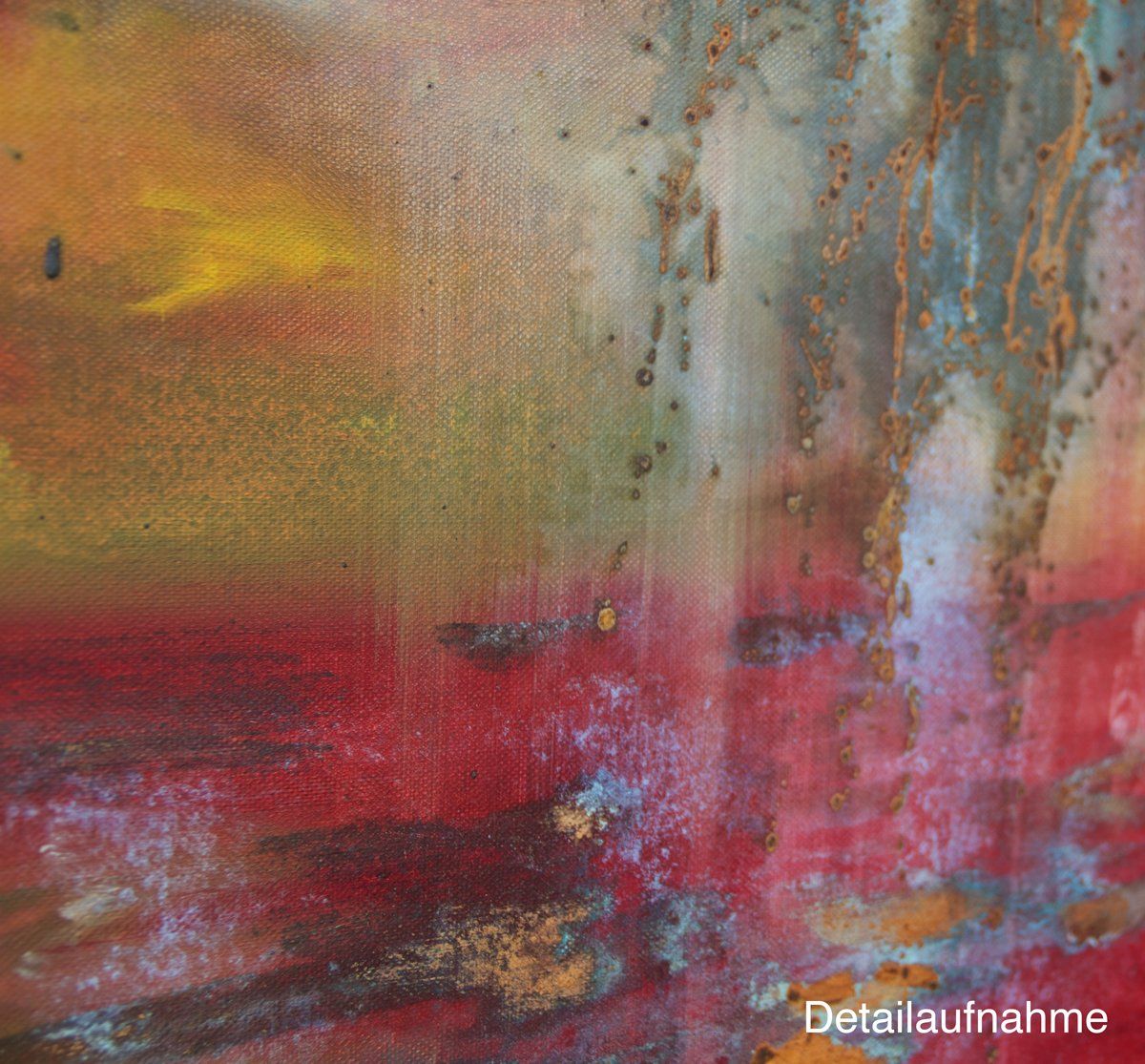 Landschaft in Rost und Rot. Gemälde „Neva“ Maße: 80 x 100 cm, Tiefe 4,5 cm  Material: Acryl, Rost, blaue Patina auf Eisen-Grundierung, Firnis  Malgrund: Leinwand auf Keilrahmen