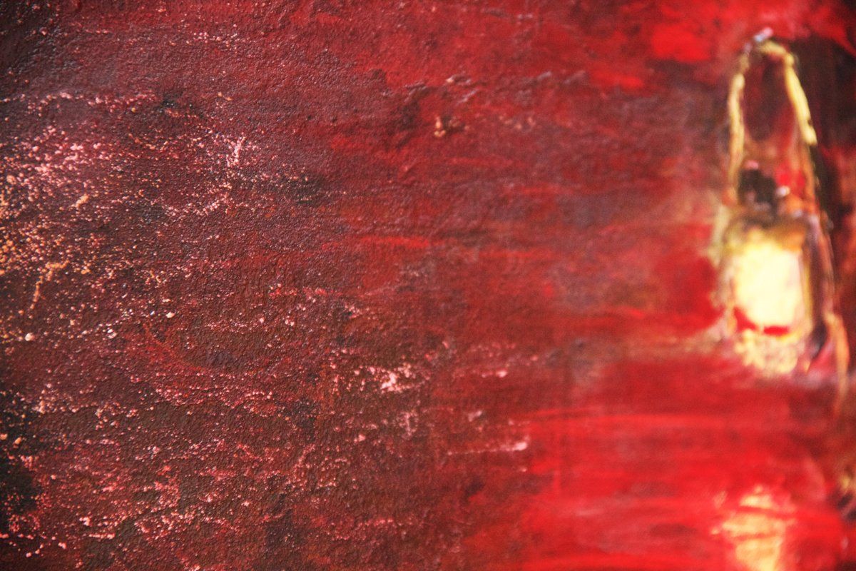 Landschaft, Quadratisch, Rot, Gemälde „Sucher“ Maße: 100 x 100 cm, Tiefe 5 cm  Material: Acryl, Eisenpulver, Firnis  Malgrund: Leinwand auf Keilrahmen