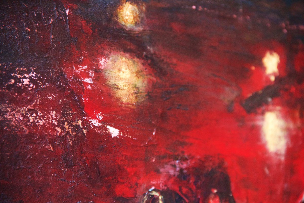Landschaft, Quadratisch, Rot, Gemälde „Sucher“ Maße: 100 x 100 cm, Tiefe 5 cm  Material: Acryl, Eisenpulver, Firnis  Malgrund: Leinwand auf Keilrahmen