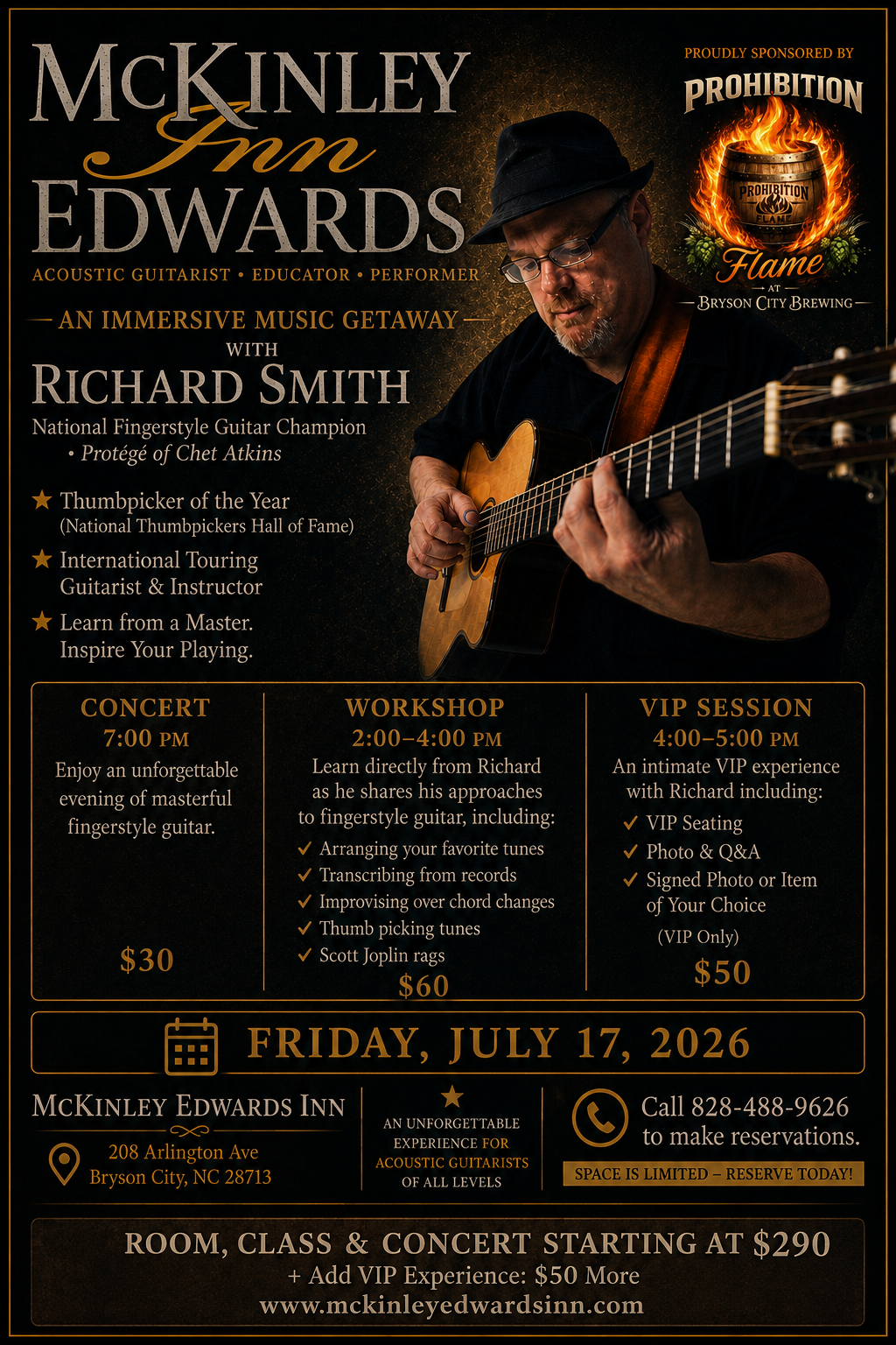 Music event poster for Richard Smith, featuring a guitar player in a hat and fiery orb graphic, black and gold.