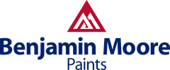 The logo for benjamin moore paints has a red triangle on it.