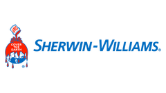 The logo for sherwin williams shows a bucket of paint pouring into a globe.