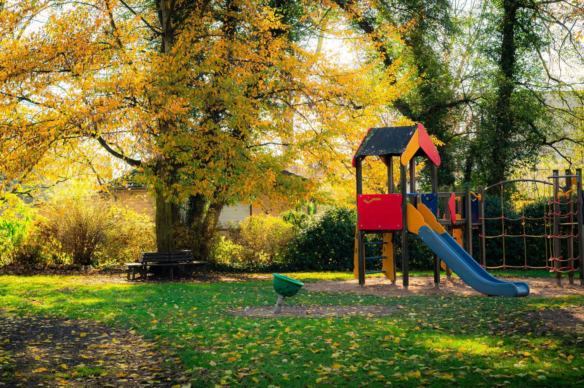 Playground in autumn: slide, climbing structure, and leafy trees in a park.
