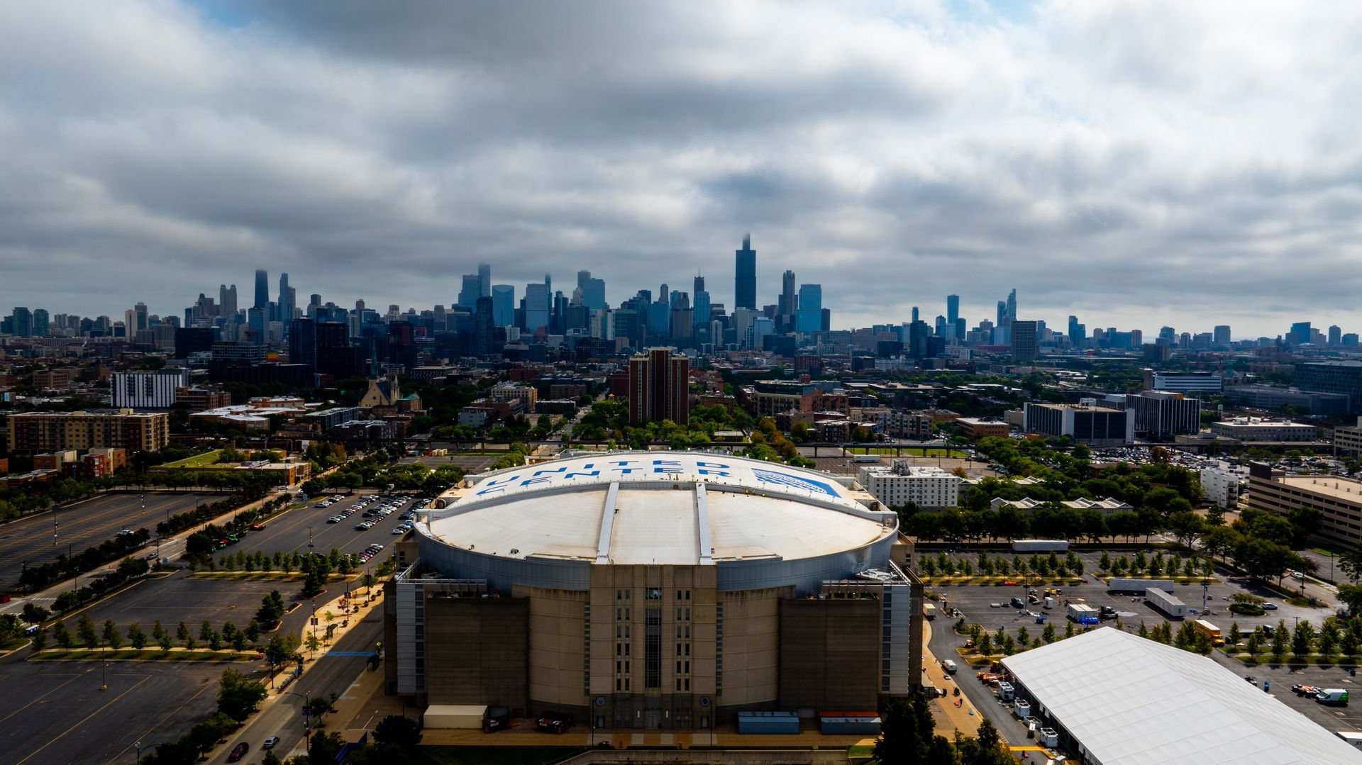 Aerial Drone View of United Center with Downtown Chicago Skyline in the Background