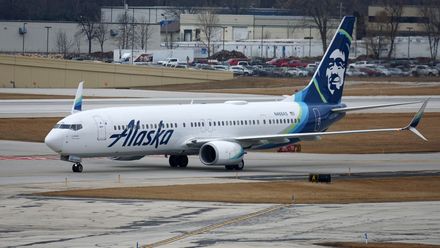 Alaska Airlines Boeing plane taxies on the runway after landing at Milwaukee General Mitchell International Airport