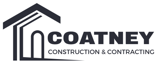 A black and white logo for coatney construction and contracting.