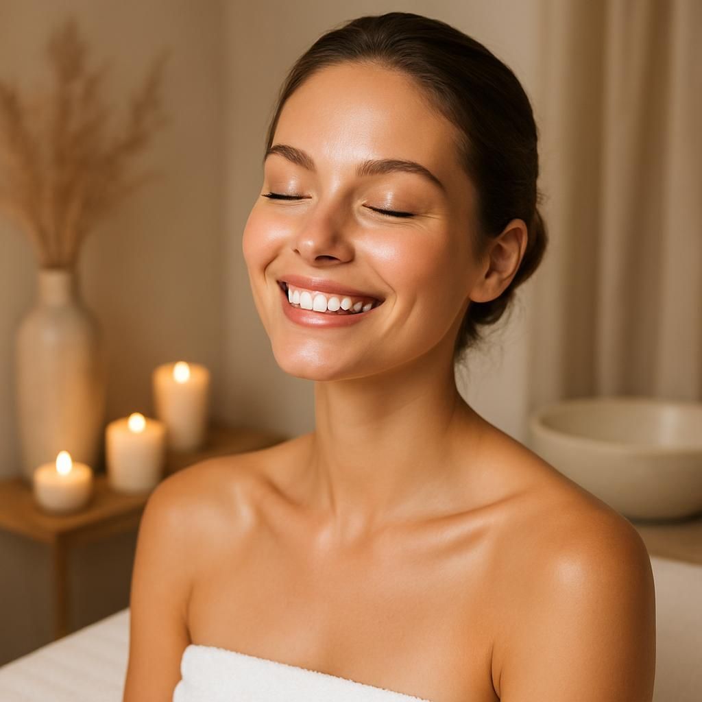 Woman with eyes closed, smiling, wrapped in towel, spa setting with candles and vase.