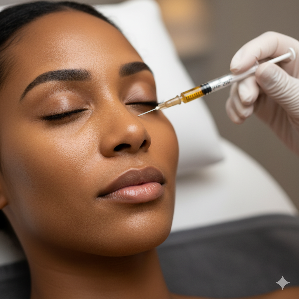 A close-up view of a PRF Bio-Filler treatment being skillfully administered to the under-eye area of