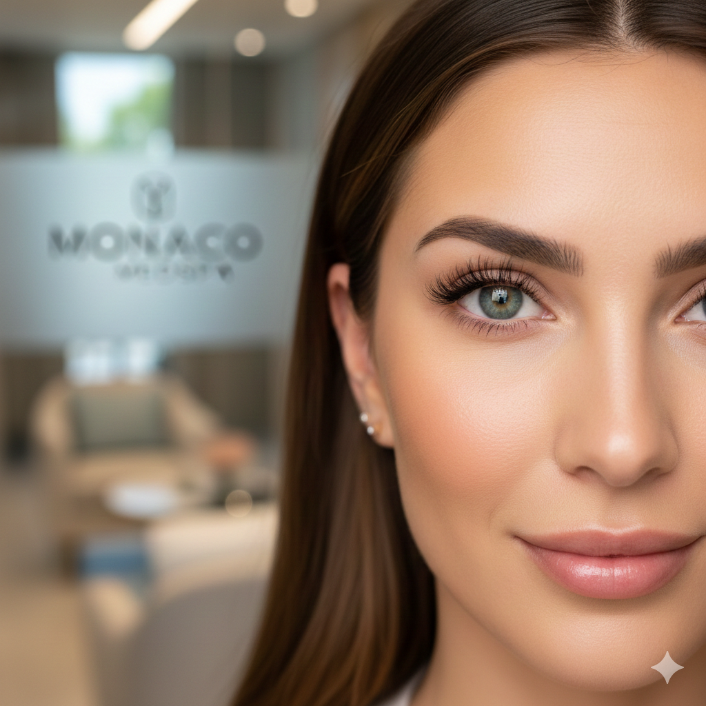 Woman smiling, half-face view, in front of a blurred