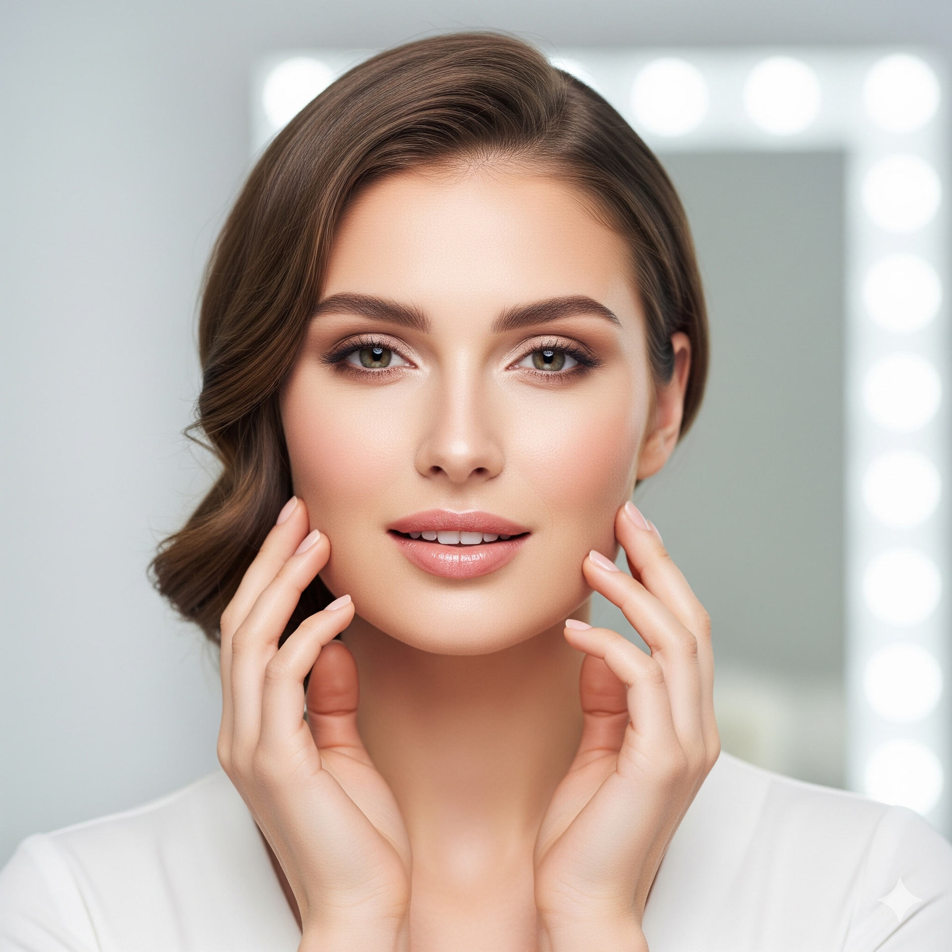 A stunning and confident woman with beautifully balanced facial features, a result of a facial harmo
