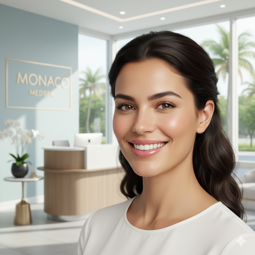 Woman smiles, in a well-lit office with a