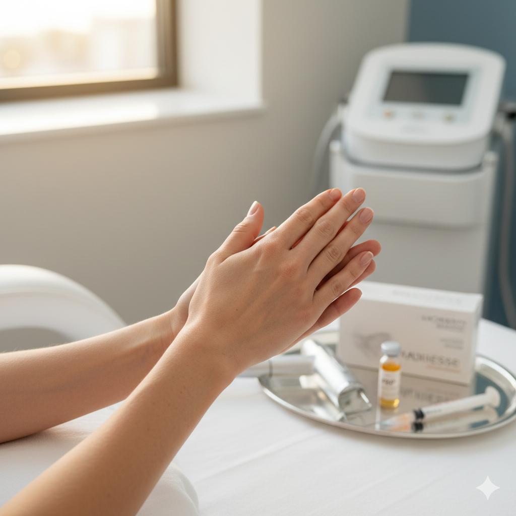 Hands near medical tray with vials, syringes, and medical equipment.