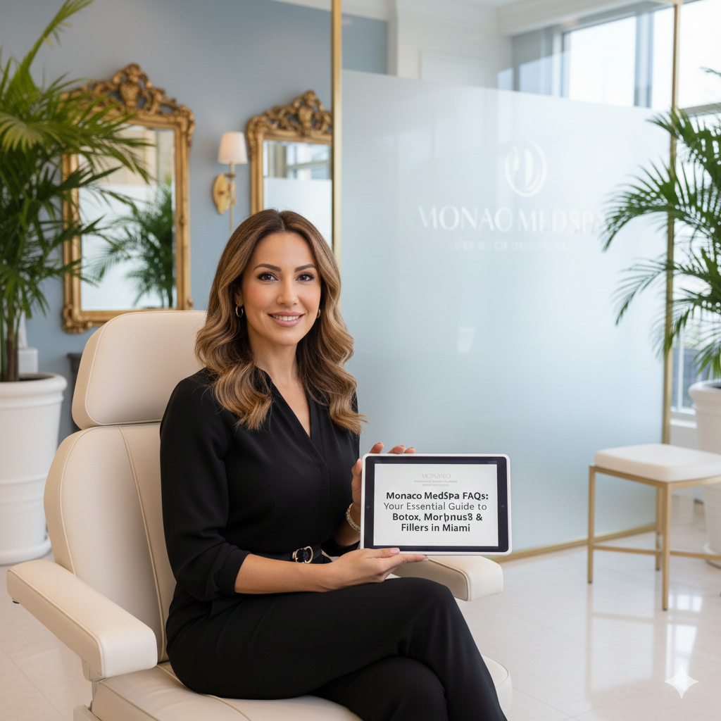 Woman holding tablet, sitting in chair. Office setting. Smiling. Text on tablet.