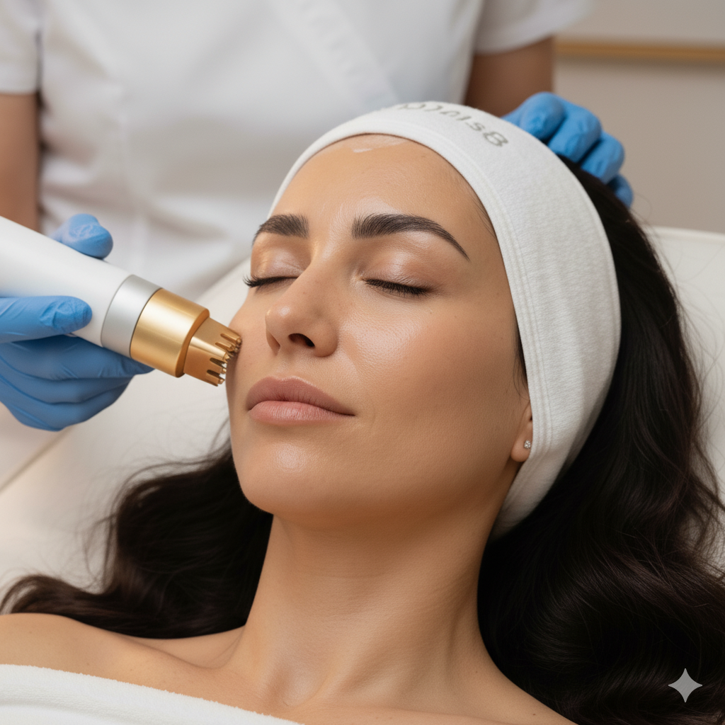 Woman receiving facial treatment; device held to her face by gloved hands, in a clinic.