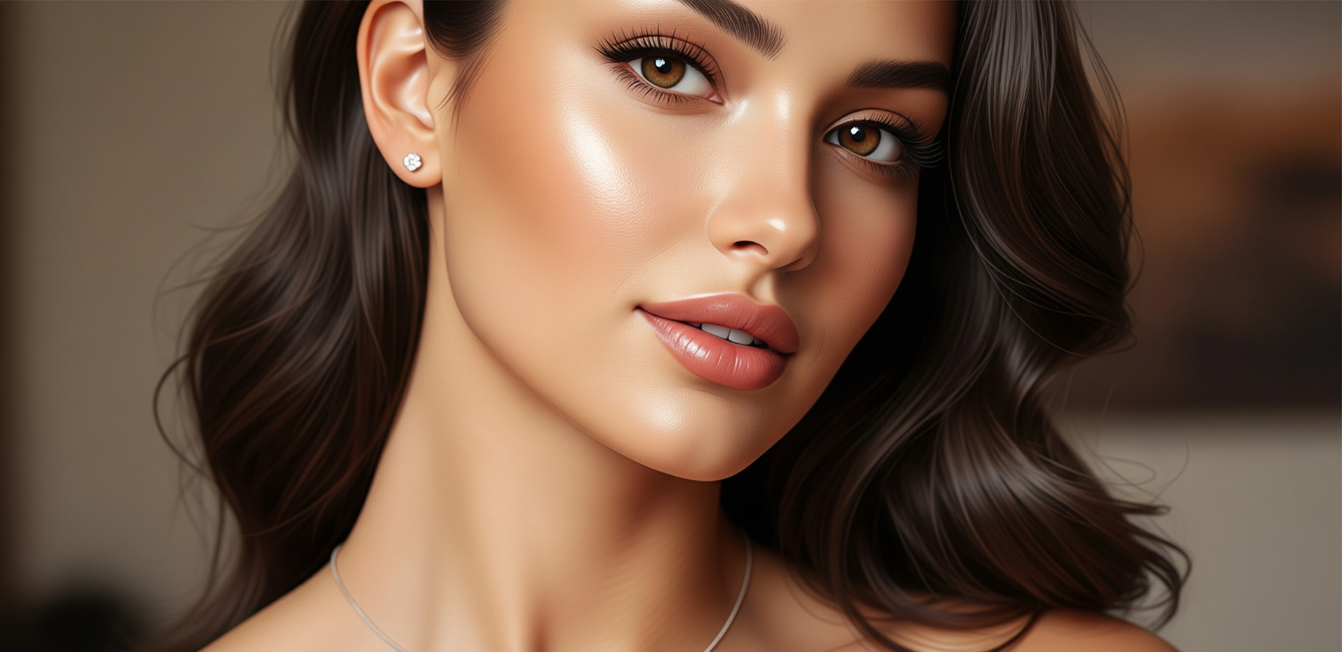 A close up of a woman 's face with beautiful face and skin after facial harmonization