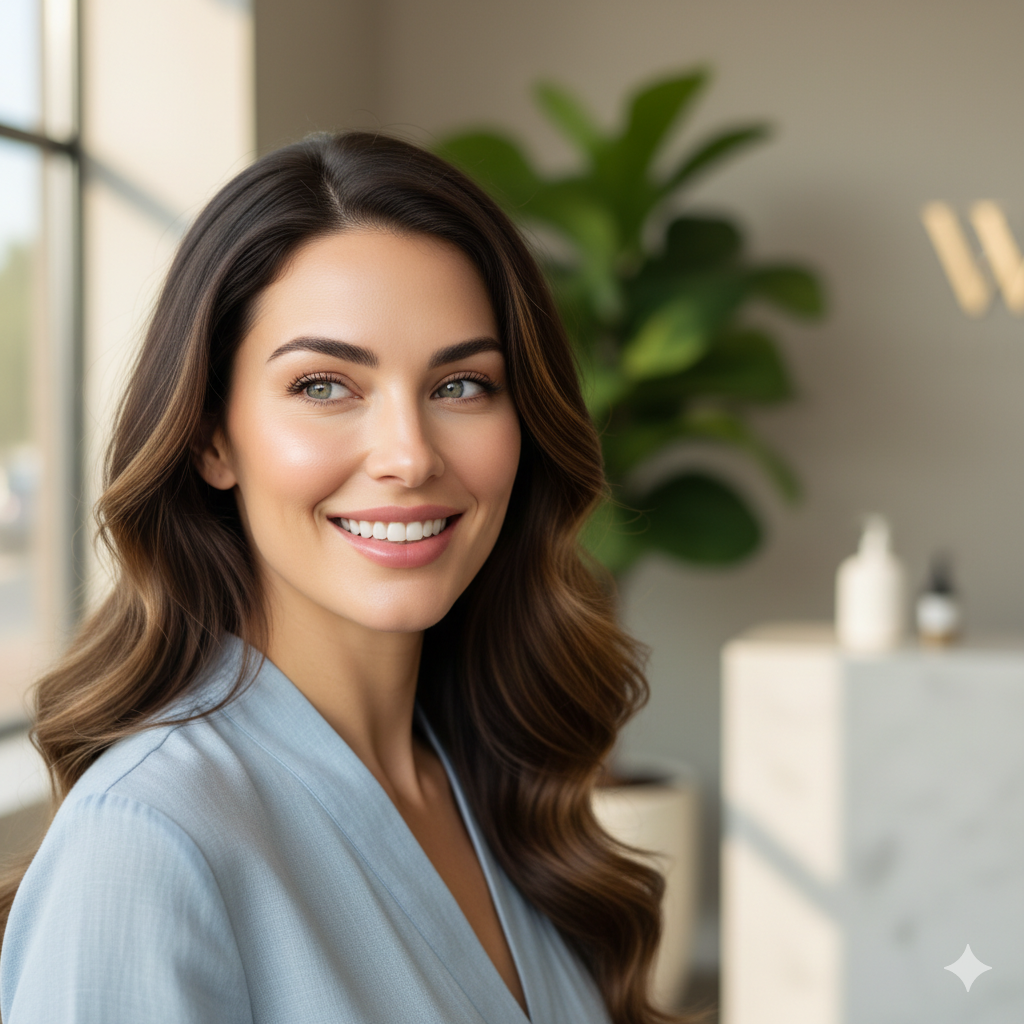 Woman smiling, in a blue robe, by a window, with a healthy skin and long wavy hair.