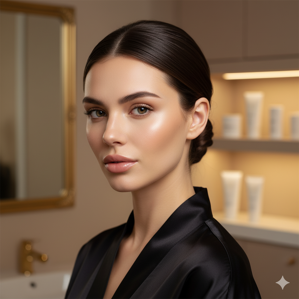 Close-up of a woman's face highlighting areas for dermal HA fillers, such as cheeks, lips, and smile