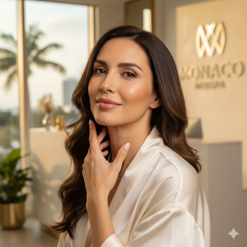 Woman at Monaco Medispa in Miami after neck treatments with sculptra and microneedling with pdgf