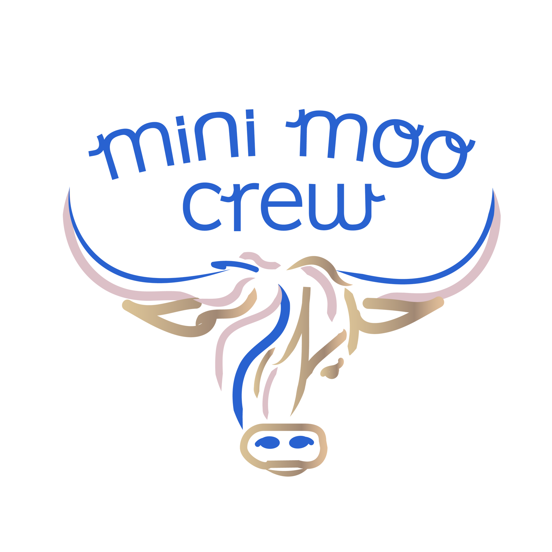 A logo for mini moo crew with a cow 's head and horns.
