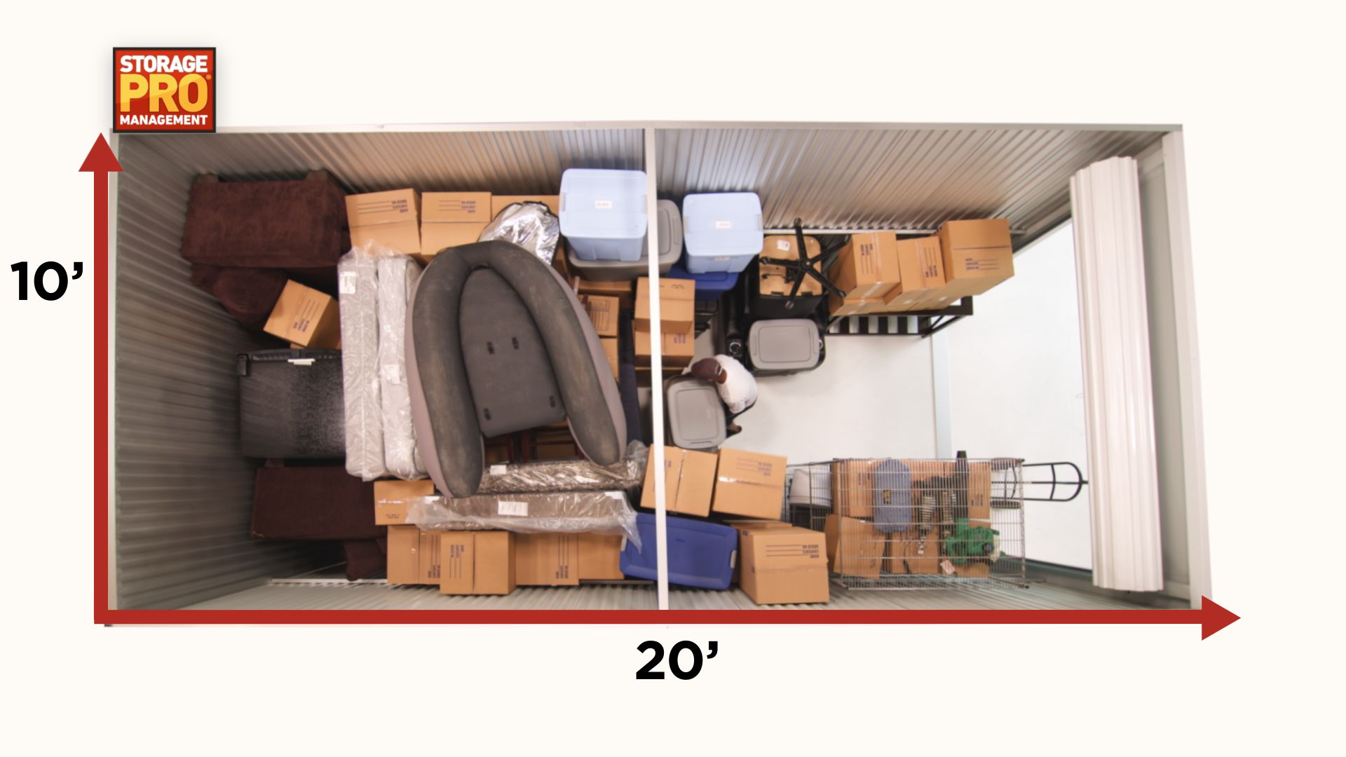 Top-down view of a 10x20 foot storage unit filled with boxes, furniture, and other items.