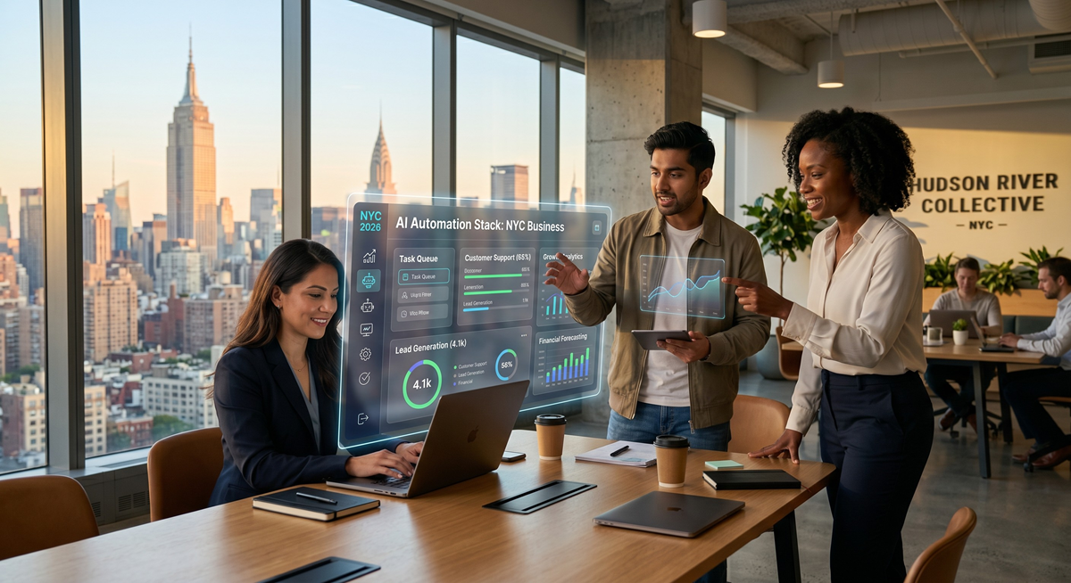 Business professionals interacting with a glowing AI data hologram in a modern Manhattan office overlooking the New York City skyline.