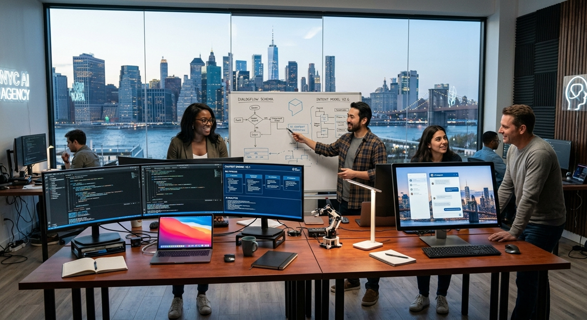 A professional team at a leading AI chatbot development agency in New York City working in a modern office with a view of the Manhattan skyline. Developers are collaborating on AI intent models and chatbot schemas displayed on monitors and a whiteboard, showcasing expertise in custom AI solutions