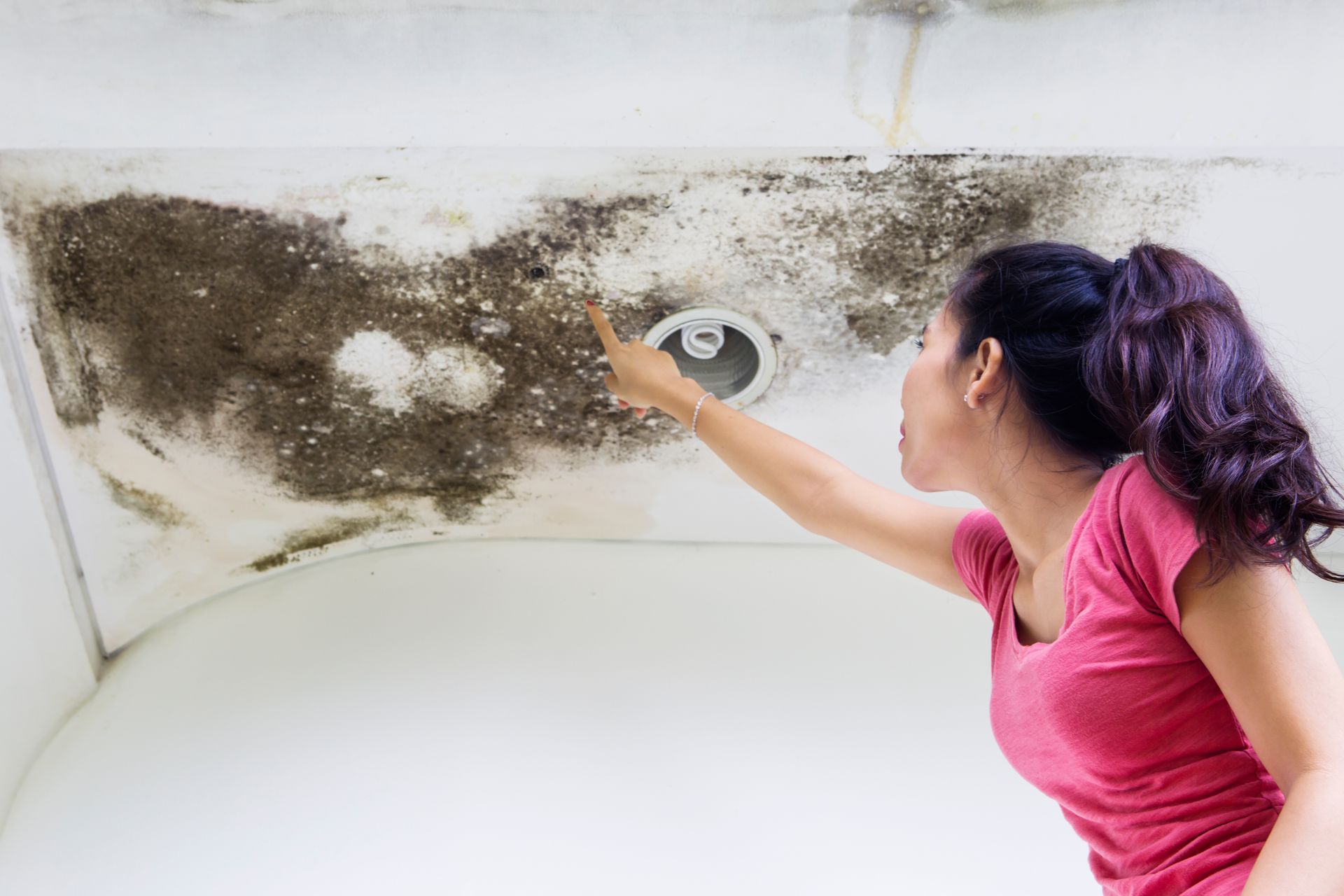 A woman is pointing at a moldy ceiling in a bathroom.