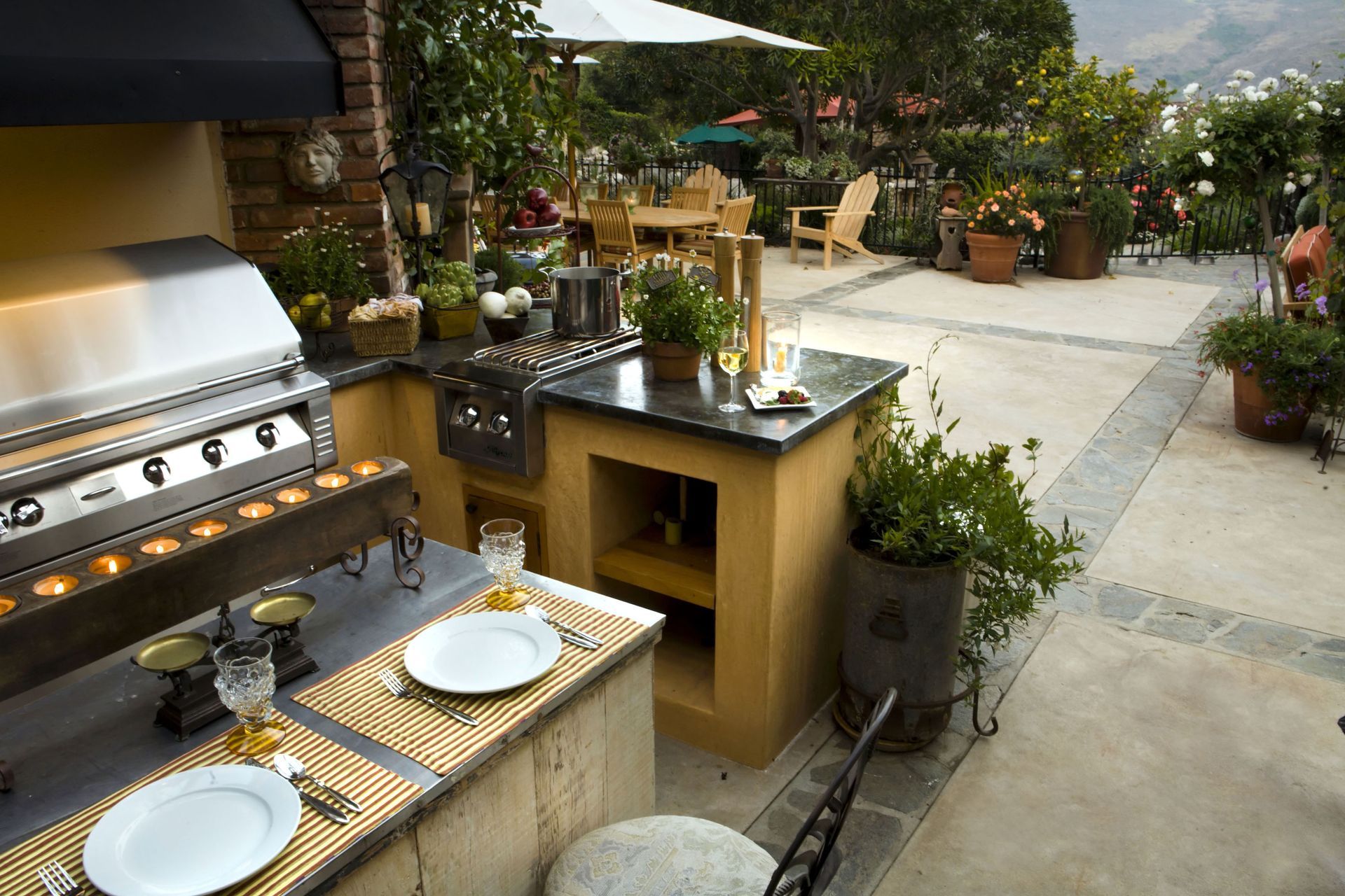 outdoor kitchen with plates setup