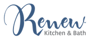 The logo for renew kitchen and bath is blue and white.
