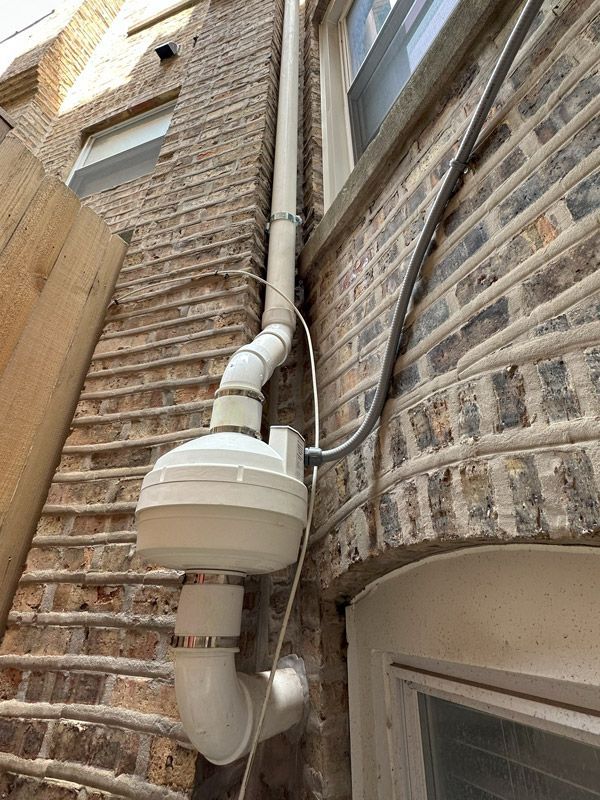 white pipe on the side of a brick building.