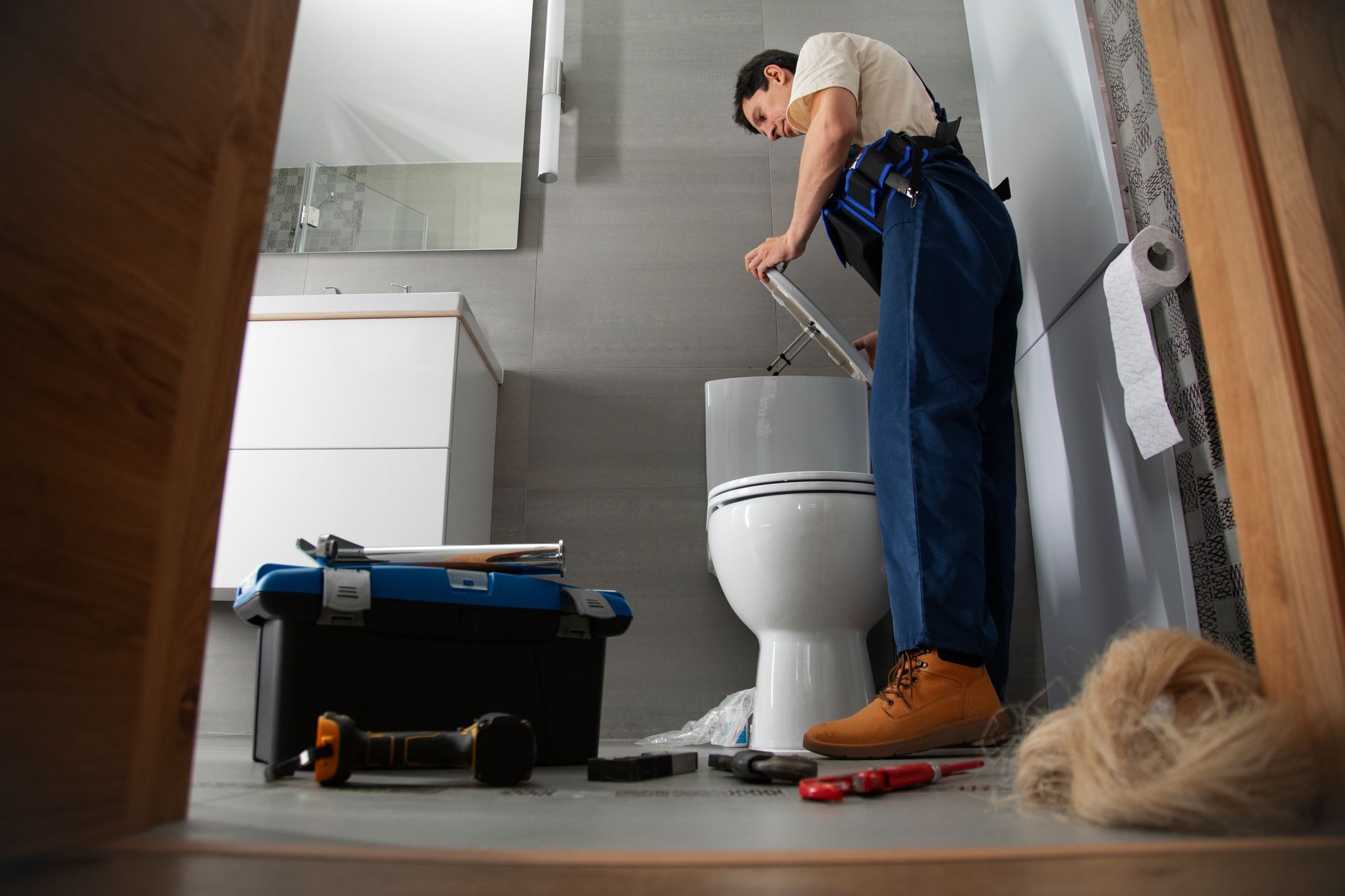 A plumber is fixing a toilet in a bathroom.