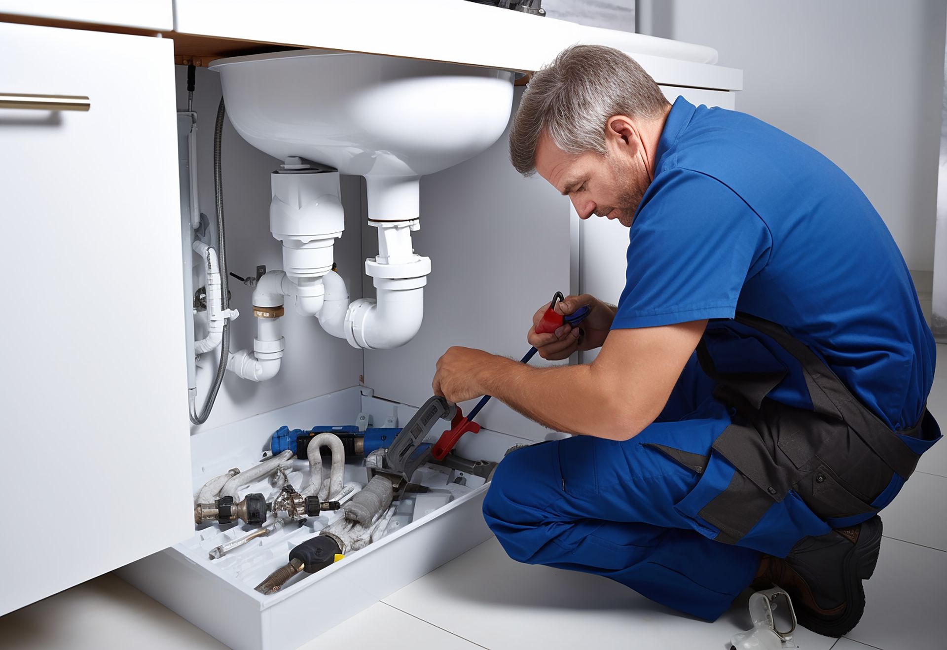 A plumber is working under a sink in a bathroom.