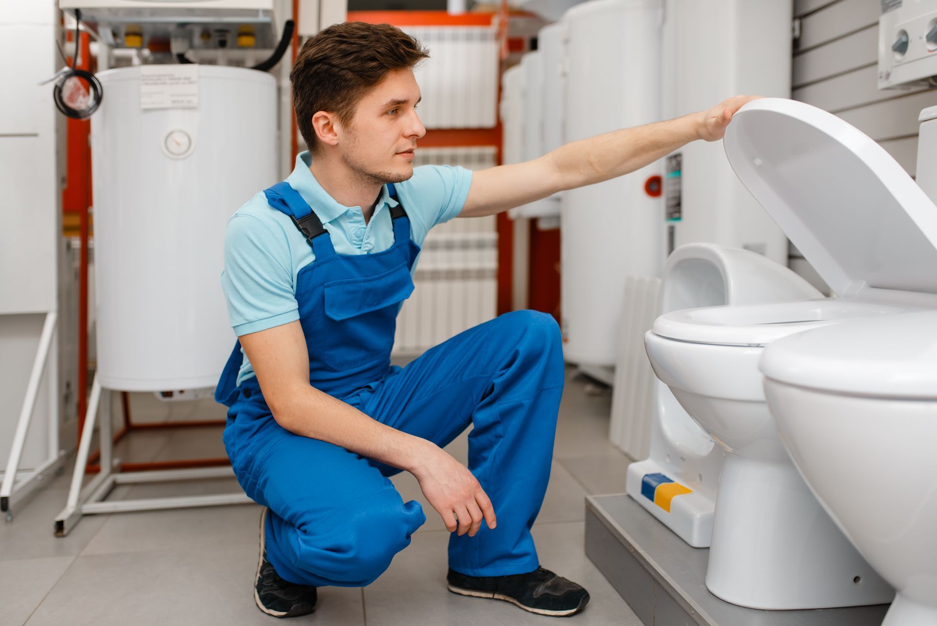 A man is kneeling down in front of a toilet in a bathroom.