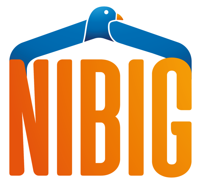 Een oranje en blauw logo voor nibig met een vogel erop