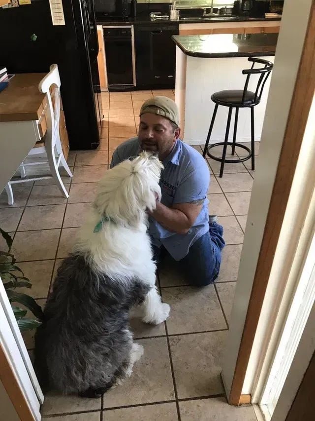A man is kneeling down next to a dog in a kitchen in South Bay, CA