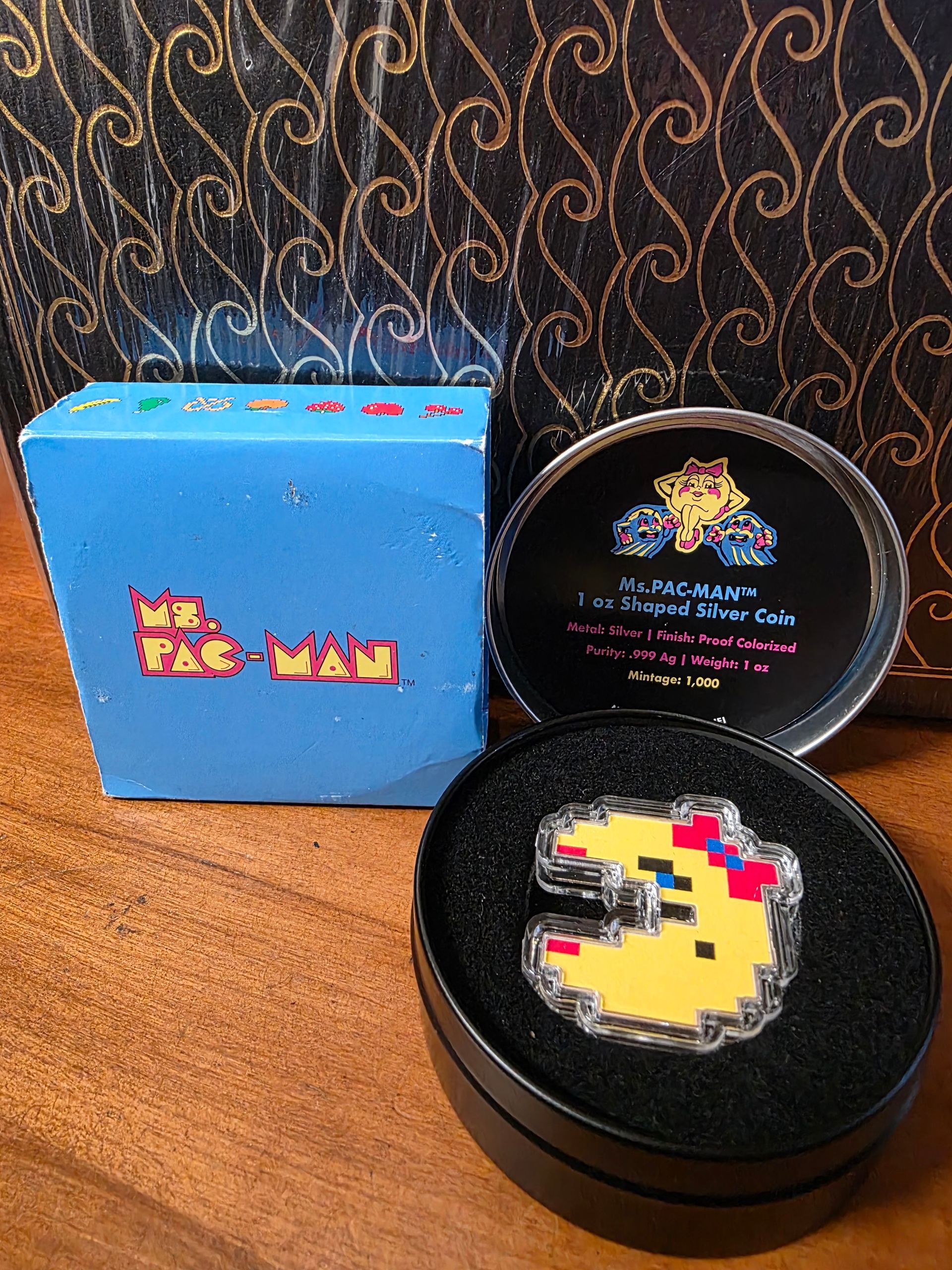 Ms. Pacman 1 Oz. Shaped Silver Coin Colorized