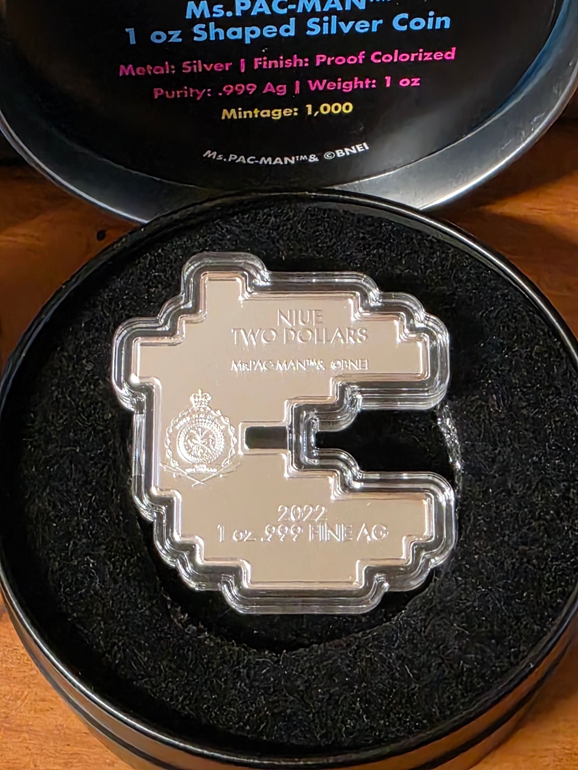 Ms. Pacman 1 Oz. Shaped Silver Coin Colorized
