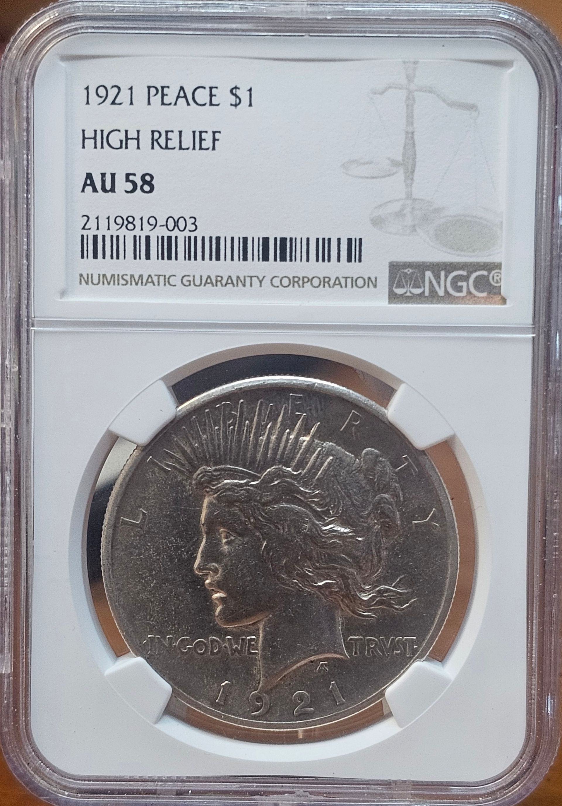 1921 High Relief Peace Dollar(AU-58)