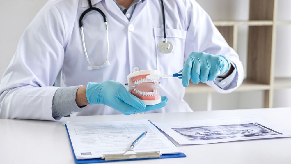 Dentist Wearing Light Blue Gloves While Holding A Toothbrush And A Denture — Dentures in Toukley, NSW